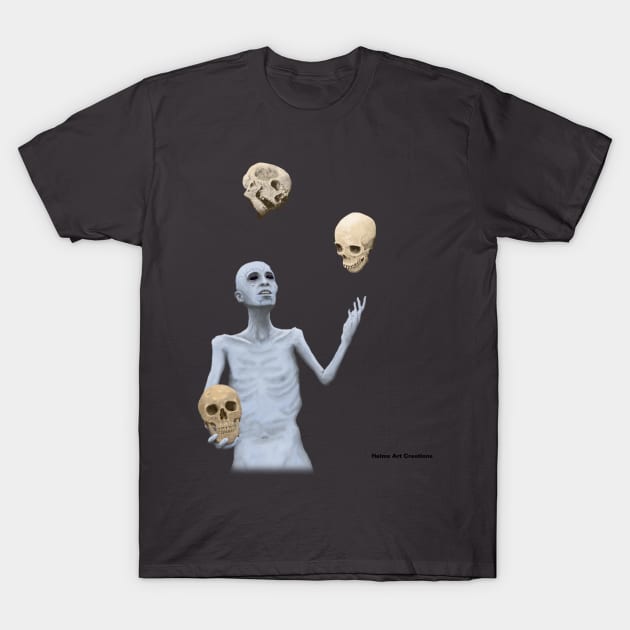 Skeletal Creature Juggling Skulls Realistic Art T-Shirt by Helms Art Creations